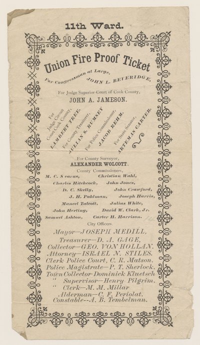 Pamflet van het 11e Wijk Union Fire Proof Ticket, Chicago, 1871 door American School